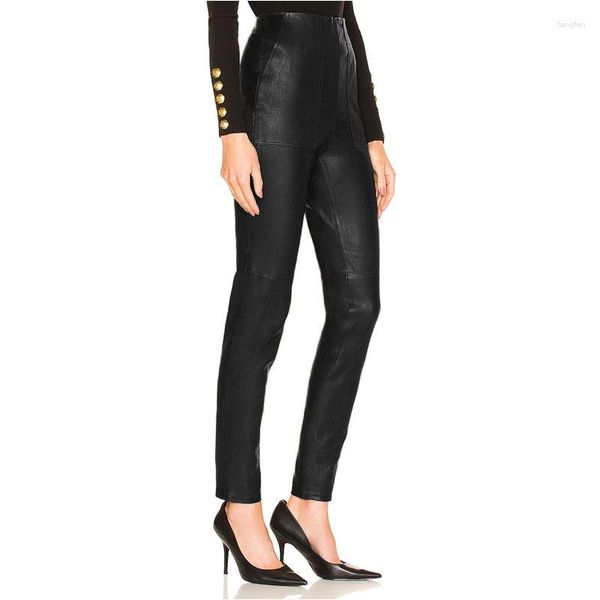 Calças femininas Matte Cintura Alta Causal Couro para Mulheres 2 Botão Zipper Up PU Preto Queda Reta 2023 Calças Streetwear