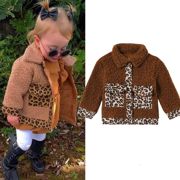 Casaco focusnorm 04y outono inverno moda crianças meninas meninos jaqueta de lã leopardo pele retalhos manga longa botão casacos 231009