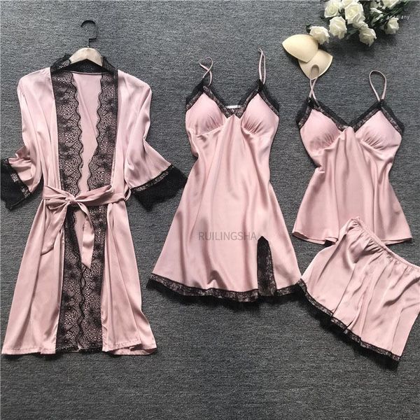 Indumenti da notte da donna Donna Estate Pizzo 4 pezzi Set di vestaglie Seta sintetica Sexy Taglie forti Kimono Camicie da notte Camicie da notte Salotto da notte Pigiama con petto