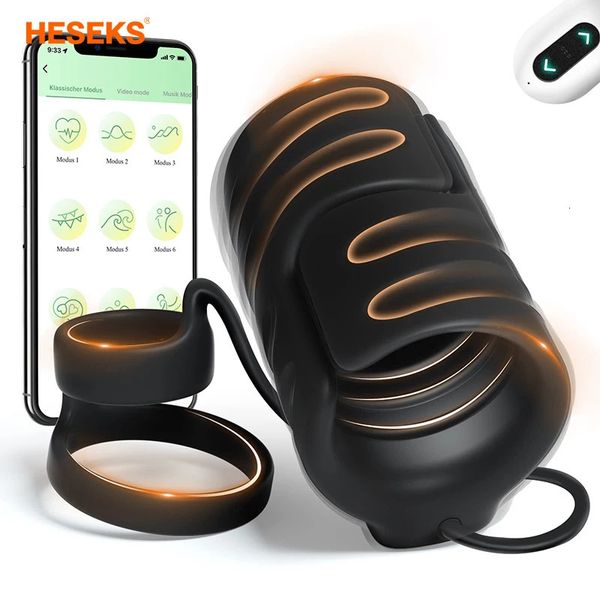 Anelli HESEKS Masturbatore maschile Sesso Anello vibrante per pene Giocattoli sexy per uomini Vibratore APP Controllo Pene Dick Trainer Machine 231010