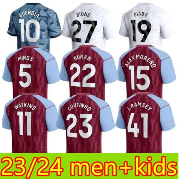 2023 24 homens + crianças Aston Villas Futebol Jerseys Treinamento Away Fãs Jogador Versão Camisetas MINGS McGINN BUENDIA WATKINS Maillot Foot