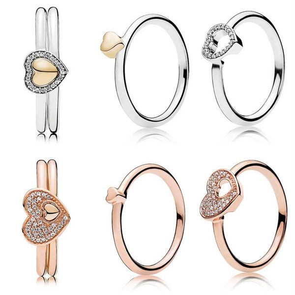 Rose Blozende Romantiek Puzzel Hart Van Gouden Puzzel Cadeauset Ringen Met Kristal 925 Sterling Zilveren Ring DIY Europa Jewelry300c