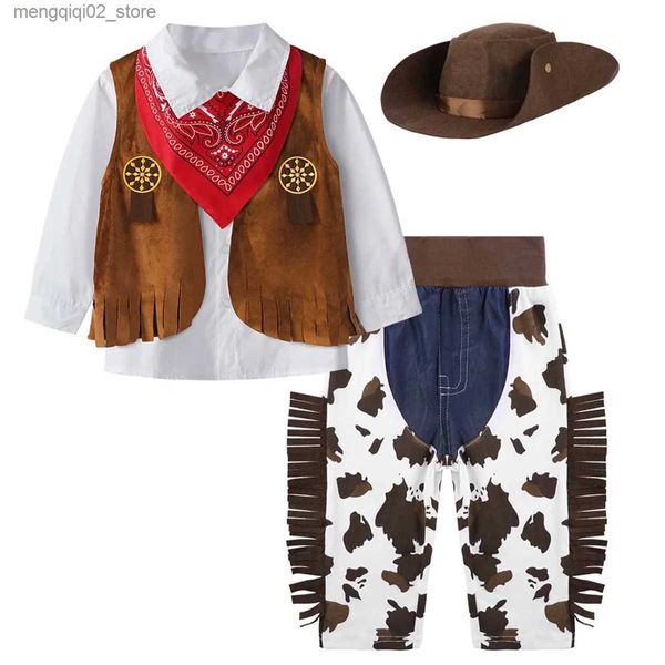 Tema Traje Kid Meninos Halloween Cowboy Venha Crianças Western Cowboy Vem Purim Cosplay Evento Dress Up Party Stage Performance Outfits Q231010