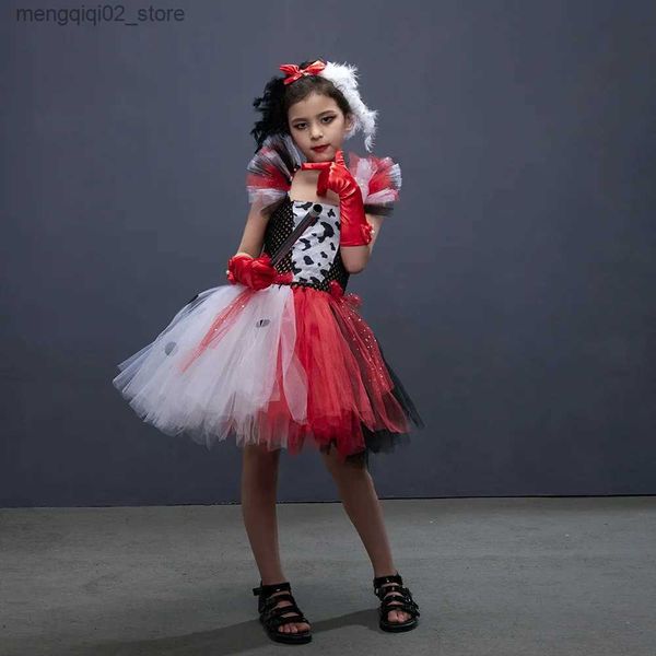 Thema Kostüm Baby Mädchen Cruella Deville Tutu Kleid für 101 Dalmatiner Bösewicht Halloween Come Kinder Vintage Polka Dots Cosplay Kostüme Q240307