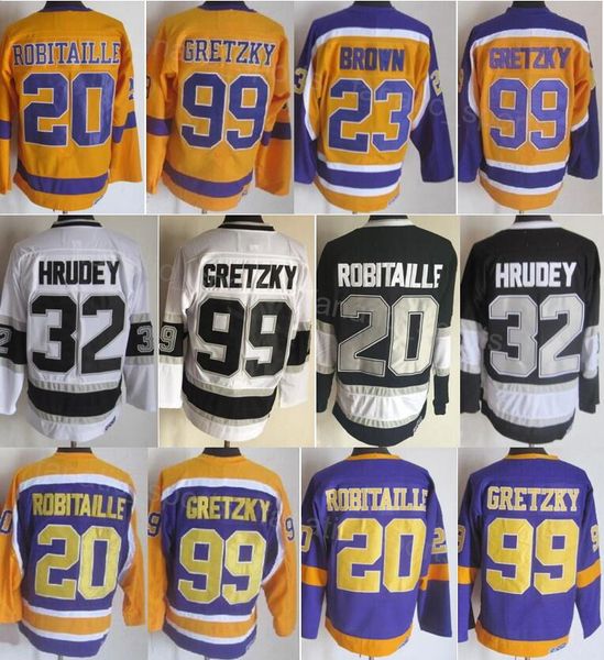 Retro Hóquei Vintage 32 Kelly Hrudey Jersey CCM 23 Dustin Brown 99 Wayne Gretzky 20 Luc Robitaille 16 Marcel Dionne Clássico Aposentado Preto Branco Amarelo Roxo Mens