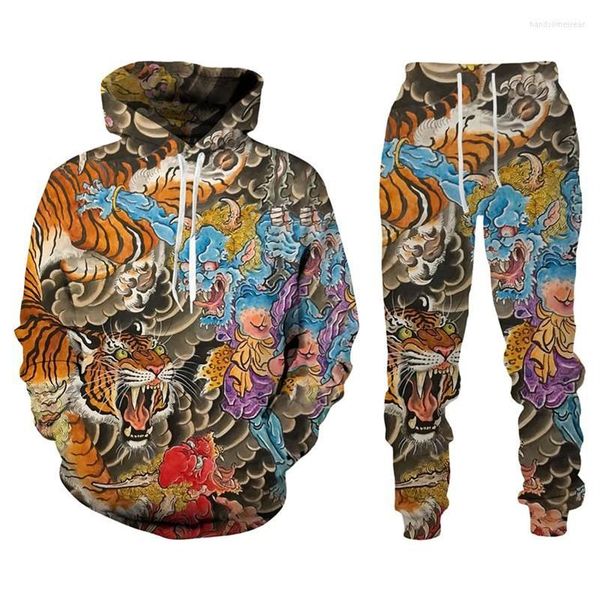 Fatos masculinos Harajuku 3D Tiger Impresso Homens Hoodies Calças Casuais Moletom Com Capuz Sweatpants 2 Pc Set Autumm e Inverno Sp2283