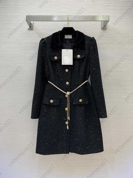 Trenchcoat Damen Designer Tweed Jacke Damen Windjacke Mode Promi Stil Pailletten Gewebt Farbe Kollision Revers Mit Kettengürtel Taille Tunika Kleid Mäntel