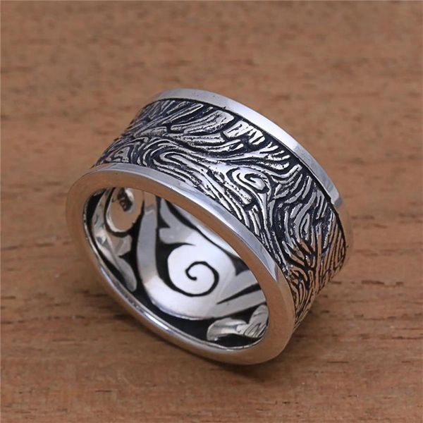 Ring aus massivem 925er-Sterlingsilber, Holz-Außenseite, geheimnisvolles Muster, Vintage-Ringe für Männer und Frauen, Hochzeit, Silberschmuck, Größe 5 – 12260f