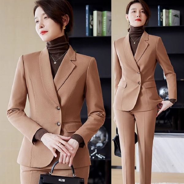 Abiti da lavoro professionali Tendenza britannica Cachi Cappotto da donna elegante + Set di pantaloni per donna Vestito da lavoro di fascia alta da 2 pezzi