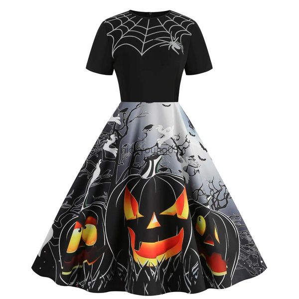 Tema traje preto goth mulheres trajes de halloween retro vestidos de festa 2023 outono robe balanço manga curta abóbora crânio impressão cosplay roupas x1010