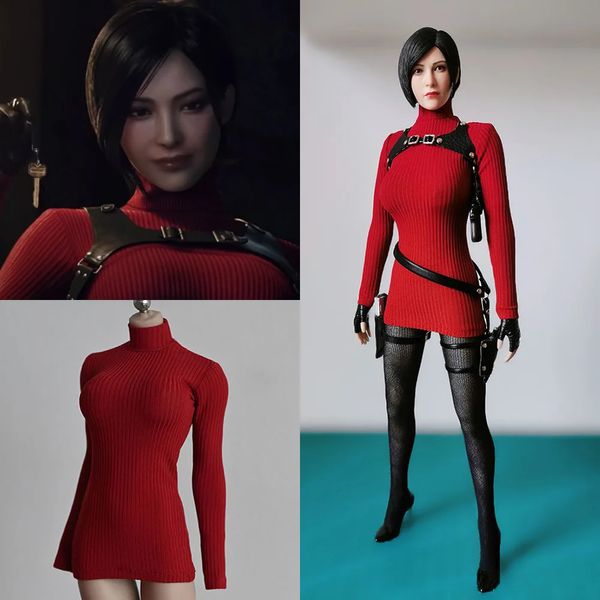 Figuras militares cor vermelha 1/6 suéter feminino sexy de gola alta tricô manga comprida alça de ombro com fundo de malha para 12 '' Ada Wong Action Figure 231009