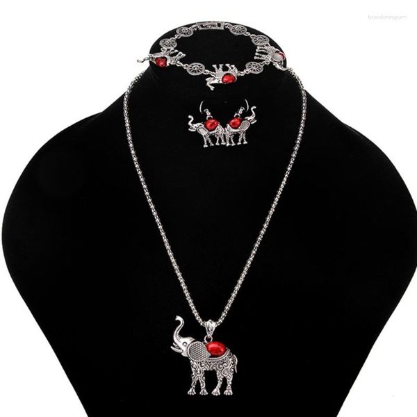 Halskette-Ohrringe-Set, Vintage-Elefant-Form, geschnitzt, dreiteiliger Anzug-Schmuck, böhmische Damen-Halskette/Ohrringe/Armband-Sets
