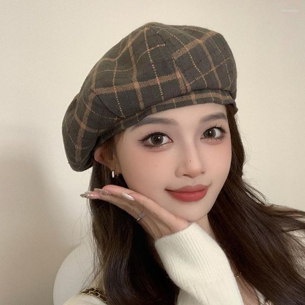 Berets Laides Britische Retro Plaid Baskenmütze Hut Herbst Winter Koreanische Version Casual Mädchen Maler frauen Einfache Wolle