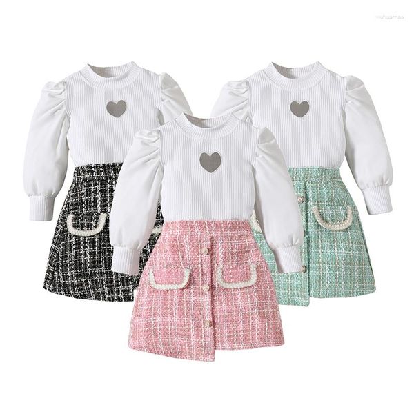 Conjuntos de roupas 2023-08-18 Lioraitiin 18m-6y Criança bebê menina roupas outono inverno outfits puff manga pulôver camisa tops xadrez mini saias