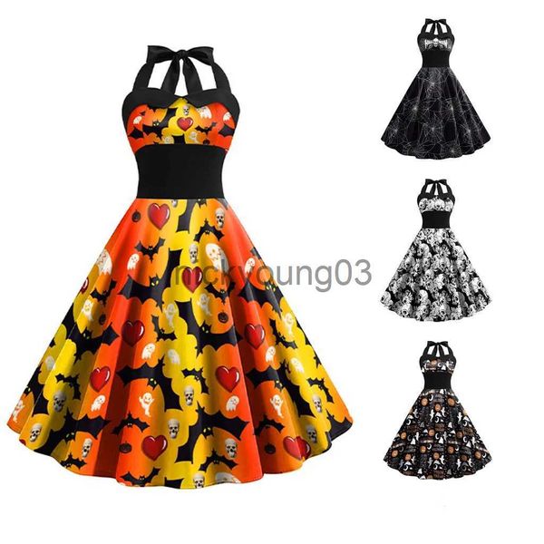 Tema traje 2023 novos trajes retro vestidos de halloween para mulheres swing robe crânio abóbora impressão sexy halter rave vestidos de festa feminino vestido x1010