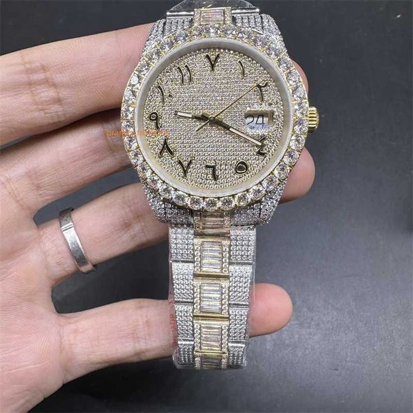 Orologio con diamanti di lusso Ruoli Ultimi uomini Iced Out Swarovski Prong Set Lunetta Cassa bi-oro Numeri arabi Cinturino baguette laterale completo 2824 Movimento automatico cy