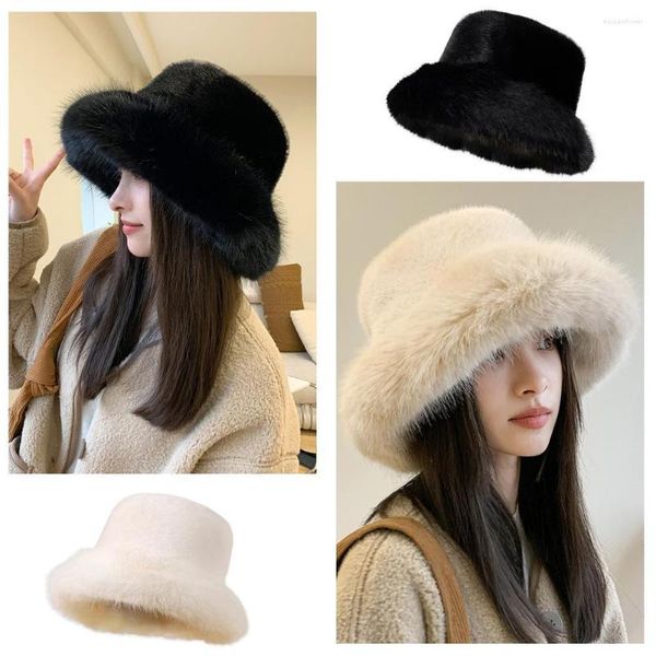 Berets Big Faux Fur Fluffy Bucket Hat para Mulheres Senhora Luxo Pelúcia Inverno Engrossar Neve Oversized Soft Panamá U2Y5