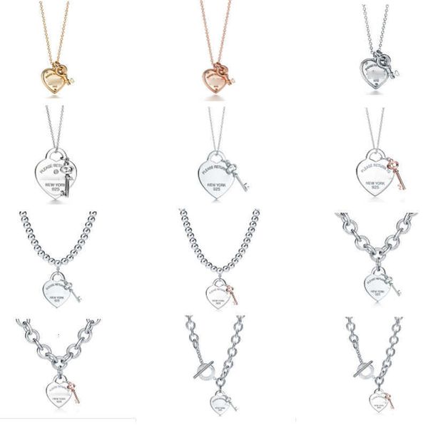 Tiff-Halskette, Designer-Luxus-Modeschmuck, kleine Herz-Schlüssel-Halskette aus 925er-Sterlingsilber, vergoldete Diamant-Halskette, beliebtes Liebes-Anhänger-Kragen-Ketten-Schmuckzubehör