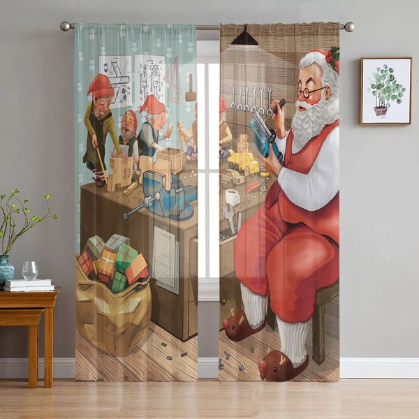 Cortina de Natal Papai Noel Presente Fazendo Anão Tule Janela Cortinas Sala de estar Organza Sheer Voile Cortina Quarto Cozinha Decoração de Casa 231009