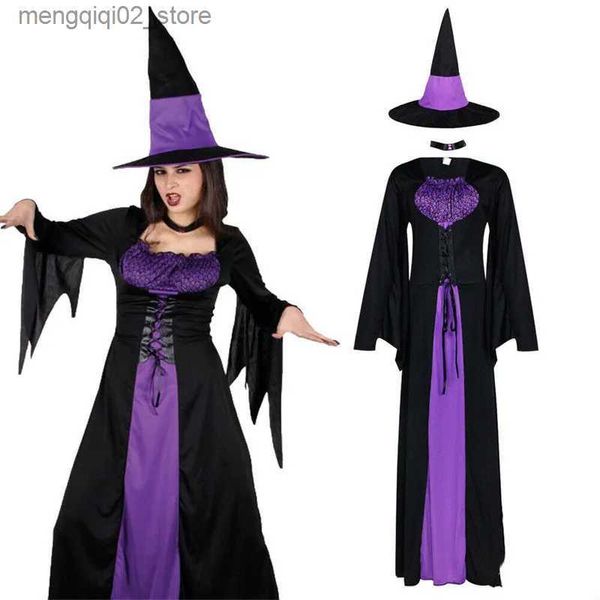 Тематический костюм Хэллоуина Ведьма Одежда вампира со шляпой для женщин Взрослый Страшный карнавал Вечернее платье Производительность Драма Маскарад Q240307