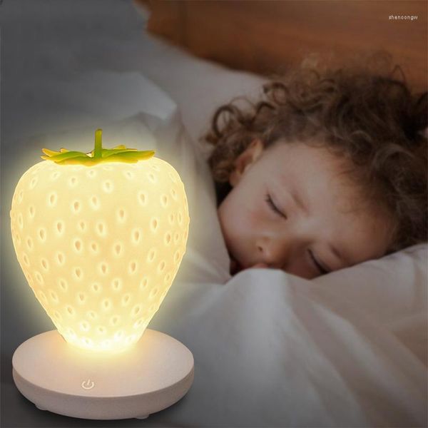 Gece Işıkları USB Işık Çilek Touch Dimmable Silikon Gece Işığı Başucu Lambası Çocuklar Çocuk Hediye Yatak Odası Dekorasyon Bebek