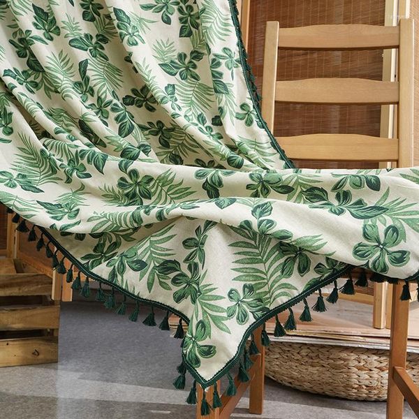 Cortina floresta tropical folha painéis de linho algodão com borlas verdes isolamento térmico boho janela cortinas sala estar decorações do quarto tj7128