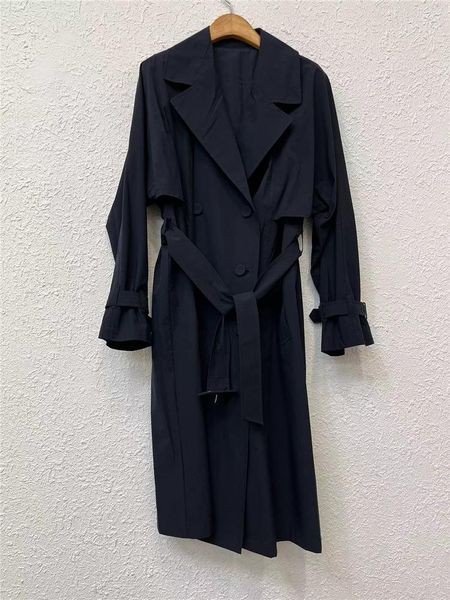 Trench da donna Cappotto con risvolto al ginocchio Cappotto retrò stile britannico doppio petto maniche lunghe con lacci Blu navy Autunno 2023