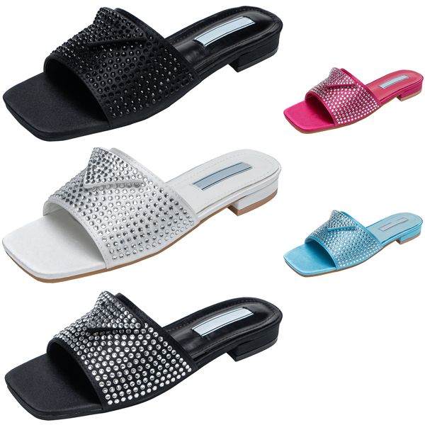 Diamante Designer Slides Mulheres Luxo Chinelos Strass Sandálias Verão Slide Senhoras Praia Sexy Chunky Heels Clássico P Sandália Triângulo Baixo Salto Chinelo Sapatos