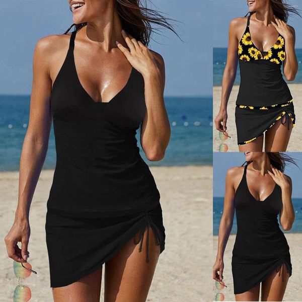 Roupa de banho feminina tankini 2 peça maiô normal cintura alta verde branco azul dourado preto girassol maiô superior plus size