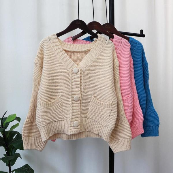 Kadın Örgü Katı Sweater Hırgalar Bej Örme Ceketler 2023 Sonbahar Kış Vintage Üst Kelime Vintage V Boyun Kadın Kısa Ceketler