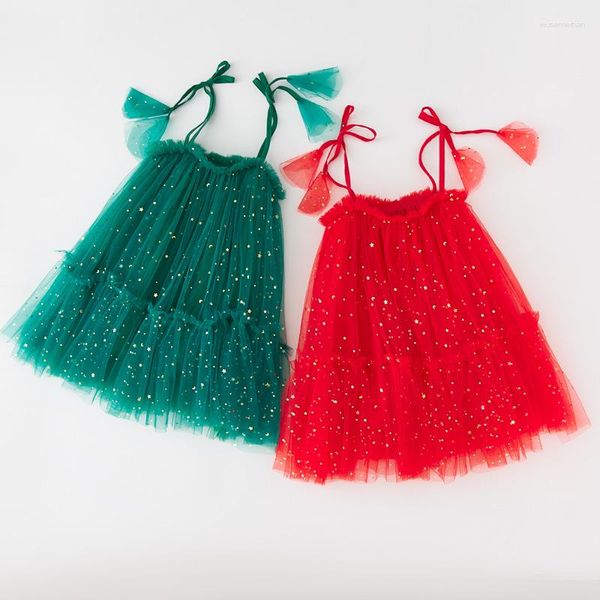 Платья для девочек, рождественское платье, детское летнее красное платье с блестками для маленьких девочек, без рукавов с завязками, с рюшами и рюшами, кружевное сетчатое платье трапециевидной формы для рождественского костюма