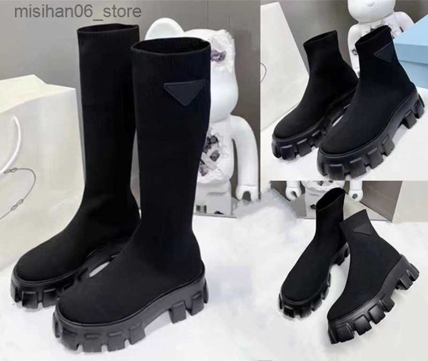 Stiefel Neue Manschette, Rippensocken, niedriger Absatz, hohe Stiefel, Stretch-Strick, schwarzes Leder, Biker-Overknee-Stiefel, Luxus-Designer-Schuhe für Damen, Fabrikschuhe mit Box Q231012