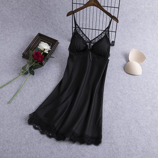 Damen-Nachtwäsche, sexy Spitzen-Nachthemd, schwarze Damen-Nachthemd mit Spaghettiträgern, Nachthemd, Sommer-Satin-Nachtwäsche, Heimkleid, Loungewear