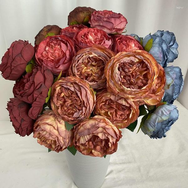 Flores decorativas simulação seda queimada borda rosas buquê auditório artificial azul laranja rosa flor falsa decoração de café