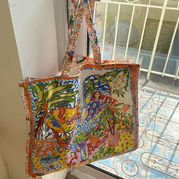 Bolsas de compras Impresión de doble cara Bolso de lona Pintado a mano Graffiti Bolso de hombro tailandés Gran capacidad Compras diarias 231010