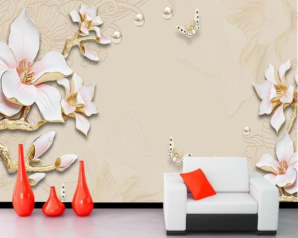 Wallpapers papel de parede em relevo jóias magnólia estilo chinês 3d papel de parede mural para sala de estar tv sofá parede quarto cozinha café