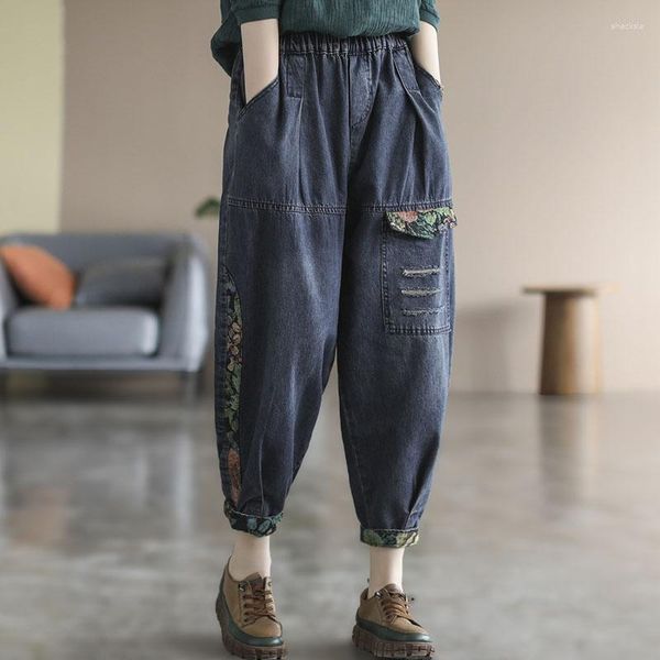 Jeans femininos urior 2023 capris mulheres casuais versátil elástico cintura alta solta grande tamanho harem calças streetwear