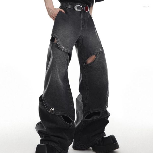 Calças masculinas homens e mulheres rasgadas emenda lavadas jeans ocos y2k americano retro gótico estilo punk solto casual perna larga