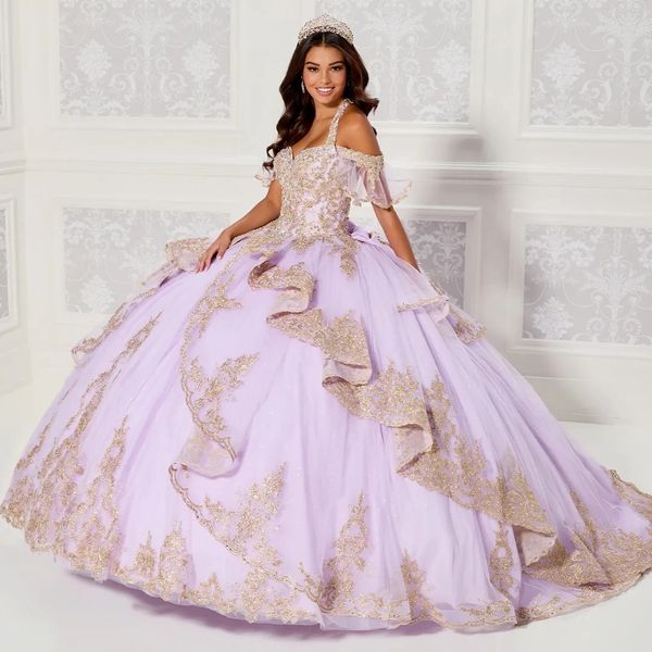 Abiti Quinceanera lilla Abito da ballo con spalle scoperte Applicazioni in pizzo Dolce 15 Abiti da ballo Puffy Messicano Charro 16 Anos Abiti 326 326