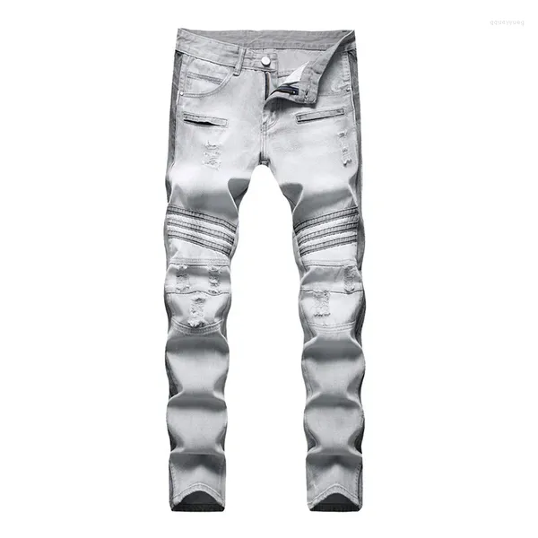 Herren Jeans KIOVNO High Street Männer Mode Ripped Holes Hosen Gerade Distressed Casual Denim Hosen Grau Gewaschen Streetwear