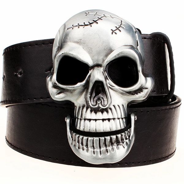 Andere Modeaccessoires Cool Big Skull Face Heavy Metal Buckle Gürtel Männer Skeleton Head Rock A and Roll Style Punk Perform Bekleidungszubehör 231011