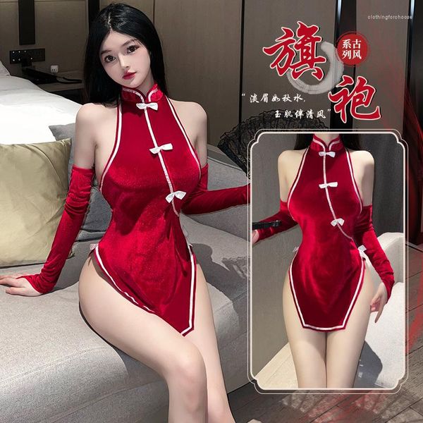 Etnik Giyim Retro Cheongsam Tekdüzen Çin Geleneksel Yüksek Yıkım Qipao Babydoll Seksi iç çamaşırı tutku erotik elbiseler cosplay kostüm