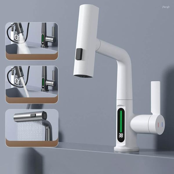 Rubinetti per lavandino del bagno Cascata Tirando Sollevamento Display digitale Rubinetto per lavabo Spruzzatore a flusso Miscelatore acqua fredda Rubinetto per lavaggio