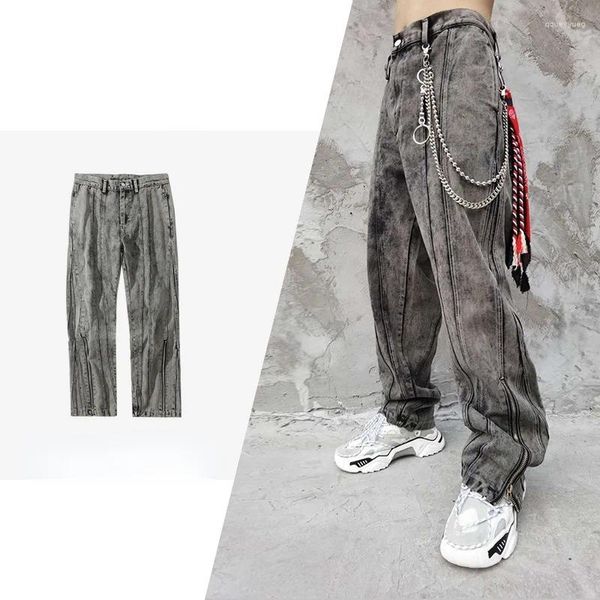Erkekler Kot Sonbahar/Kış High Street Yıkanmış Kar Tanesi Çok Zipper Pantolon Retro Old Men Giyim Kahverengi Patchwork