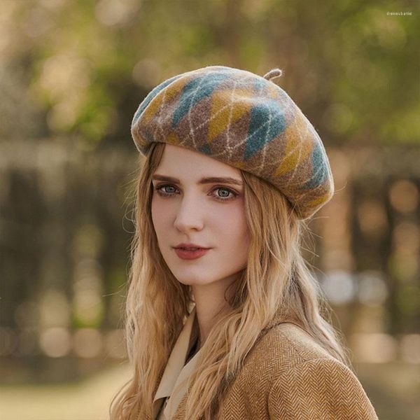 Береты, контрастные шерстяные женские береты, повседневные осенне-зимние теплые клетчатые шляпы художника, элегантные французские береты