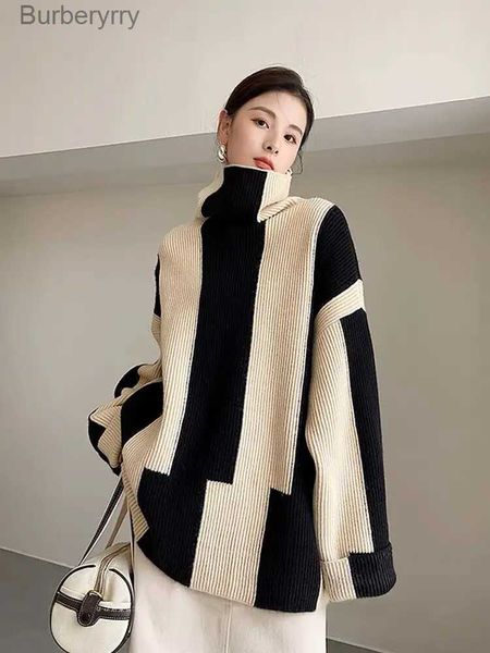 Suéteres femininos moda feminina suéteres 2023 outono/inverno tutleneck preto branco listrado suéter estilo coreano solto casual manga comprida pulloverL231011
