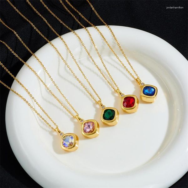 Colares Pingente Natural Pedra Cristal Colar Luxo Multicolorido Verão 12 Mês Birthstone Quadrado Com Removível Zircônia Jóias