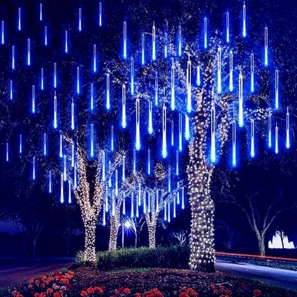 Ao ar livre solar chuva de meteoros luzes de natal 10 tubos 192 led pendurado luzes da corda para jardim árvore festa de férias decoation lâmpada