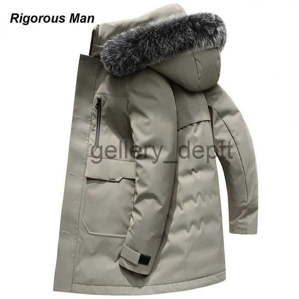 Parka da uomo in piumino di marca di lusso 90% piumino d'anatra grigio uomo moda tinta unita vera pelliccia di volpe collo con cappuccio lungo piumino cappotti da uomo inverno J231010