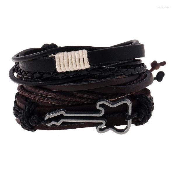 Charme pulseiras pulseira conjunto música nota genuíno envoltório de couro para homens mulheres artesanal thread jóias oco guitarra encantos acessórios